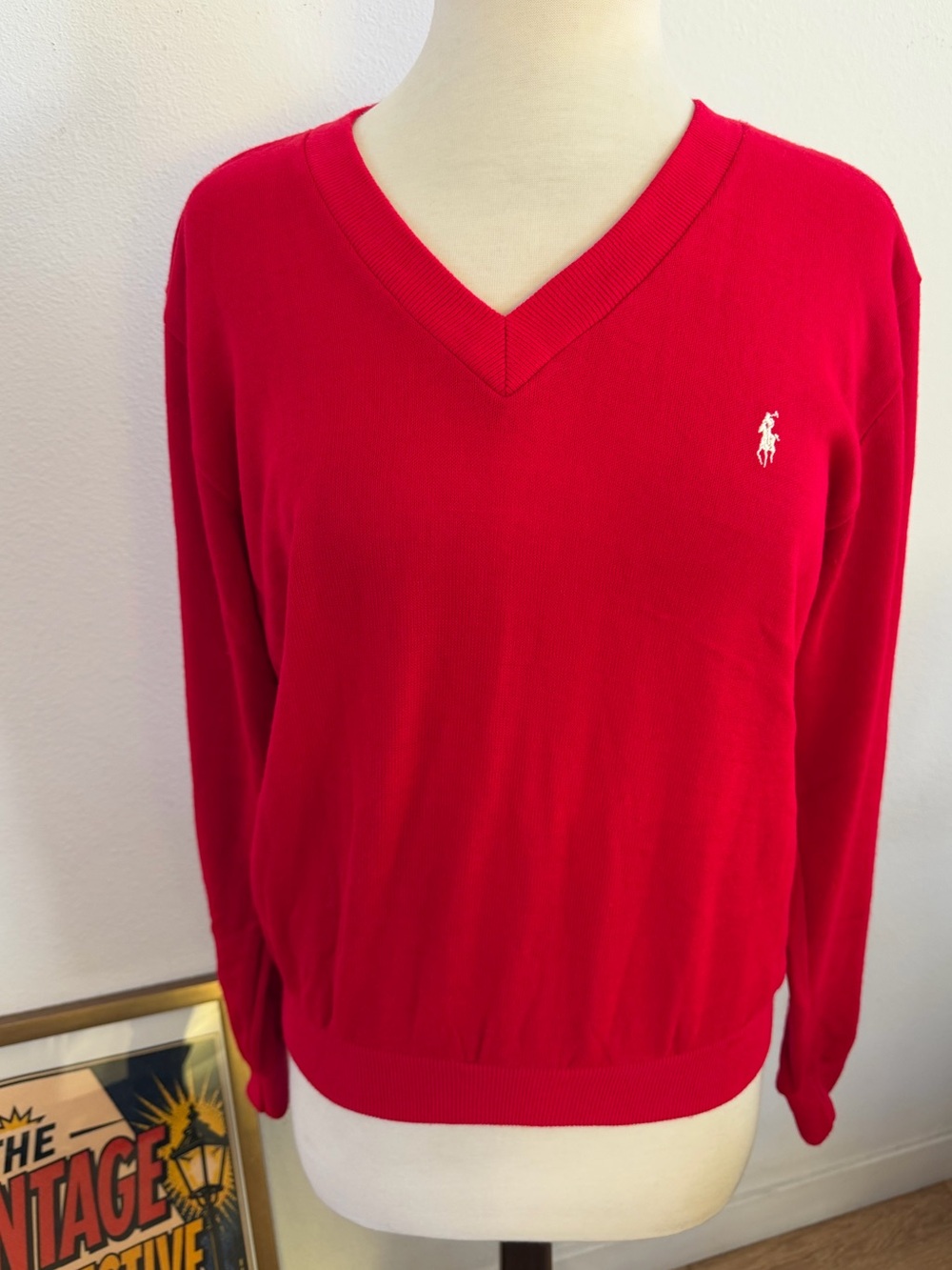 Vintage 90s Ralph Lauren Logo Red V neck wool Sweater. Size Large